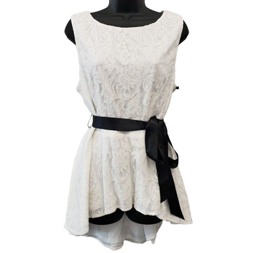 Adrianna Papell Satin-Tie Lace Blouse Top Women's 16 XL White Black Sleeveless